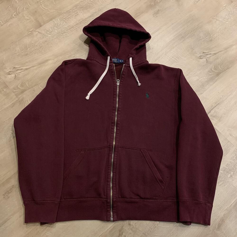 Polo Ralph Lauren Full Zip Burgundy Hoodie Men's XL Green Pony Thermal Hood